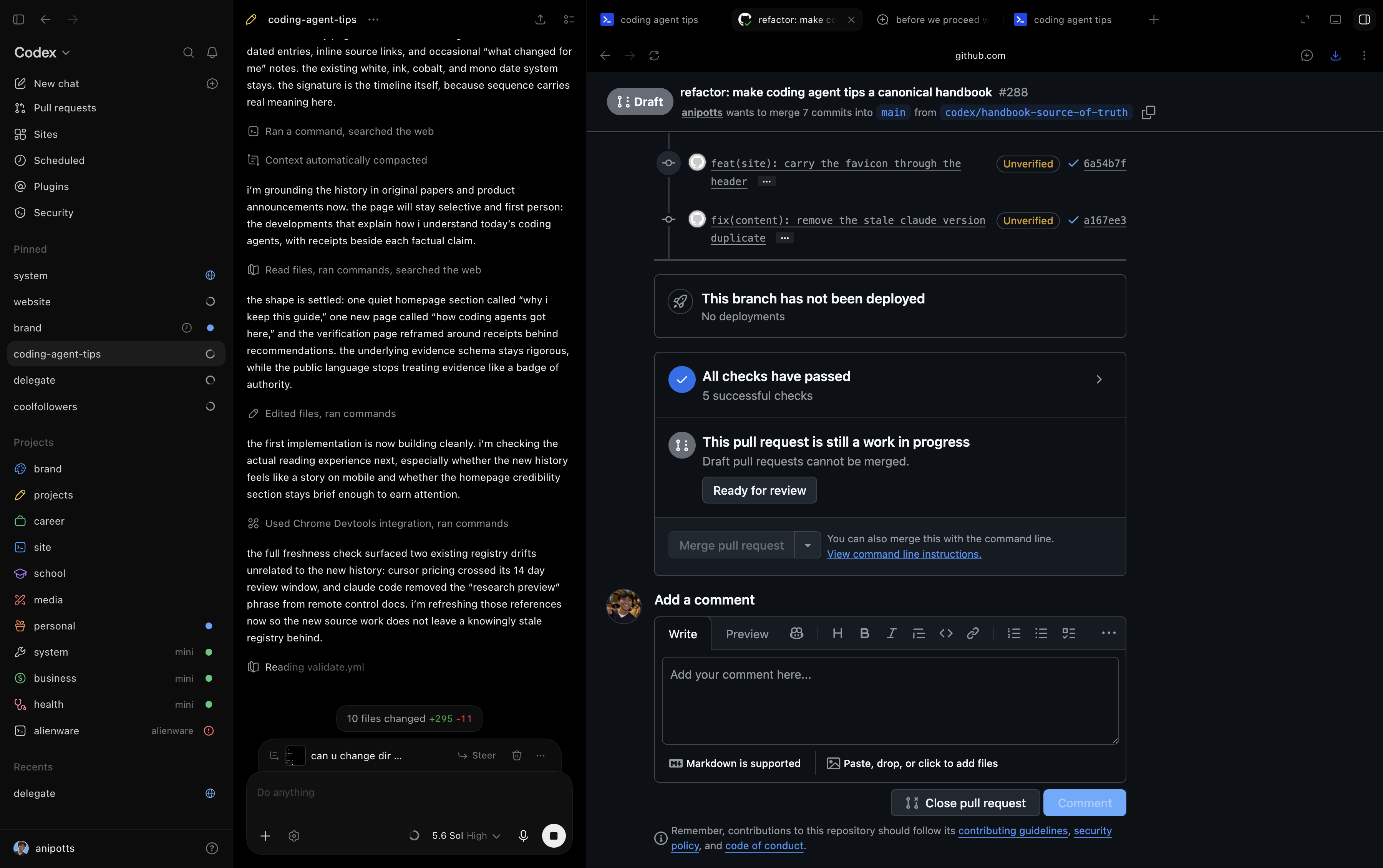 Codex beside a coding agent tips task and its GitHub pull request with passing checks